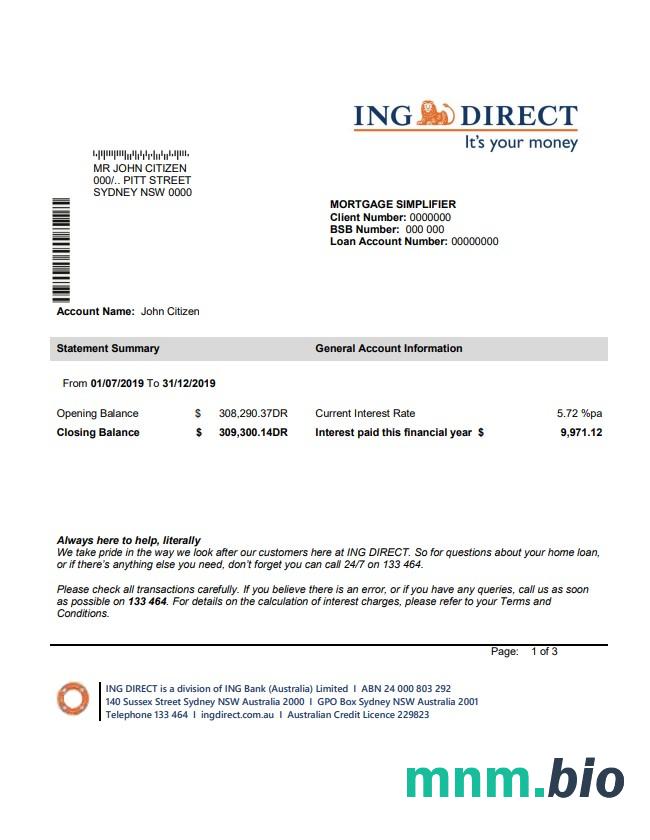 Australia ING bezpośredni wyciąg bankowy łatwy do wypełnienia szablon w formacie Excel i PDF